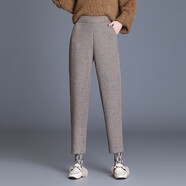 岸婷高端品牌羊毛呢休閑褲女秋冬季新款高腰顯瘦百搭直筒寬松蘿卜哈倫褲女厚輕奢時(shí)尚洋氣九分褲子靴褲 咖色 27/M