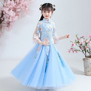 憶愛(ài)兒童漢服女童馬面裙套裝古裝中國風(fēng)紅色公主裙唐裝仙女出游演出服 藍色（上衣+裙） 110碼（適合身高100cm左右）