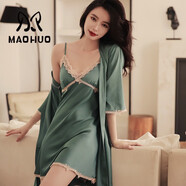 貓惑（MAOHUO） 貓惑冰絲睡衣女春夏性感吊帶蕾絲睡裙睡袍輕奢兩件套裝薄款 綠色【吊帶+外套】 L（適合100-120）
