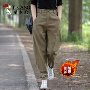 啄木鳥純棉寬松工裝褲女士哈倫褲春秋季2025新款時(shí)尚運(yùn)動(dòng)遮胯休閑女褲子 綠卡其（加絨） M 建議90-105斤