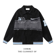 浣卿袖dreamer的貓外套大碼美式街頭拼接牛仔棒球服男女春季新款胖mm寬 【高質(zhì)量】黑色 S