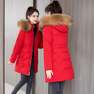 NY-EMMA中長(cháng)款羽絨服女冬季保暖輕薄白鴨絨大毛領(lǐng)高檔派克服修身外套 紅色（仿生大毛領(lǐng)） L（推薦95-110斤）