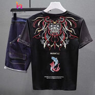 山森南獅圓領(lǐng)刺繡短袖T恤男士2025新款夏季國潮民族風(fēng)百搭體恤個(gè)性打底衫t 黑色刺繡上衣(面料) L 適合110-130斤
