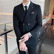 白灰樓 西服套裝男新款韓版修身雙排扣西服三件套商務(wù)休閑職業(yè)正裝套裝新郎伴郎結(jié)婚禮服宴會(huì)西裝男 黑色三件套（西服+西褲+馬甲） L