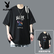 花花公子（PLAYBOY）純棉短袖t恤男青少年夏季套裝男生字母短袖T恤衫半袖新款高中學(xué)生 T216黑色【單件】 5XL適合210-230斤