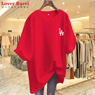 LOVER RUCCI粉色t恤女夏季短袖2025年歐貨大版純棉中長款寬松遮屁股上衣服ins LA紅色 L 建議135-160斤
