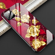 殼當家 iPhone12mini手機殼彩繪鋼化玻璃蘋(píng)果12pro max保護套全包邊手機套防摔后外殼 金色玫瑰 iPhone12