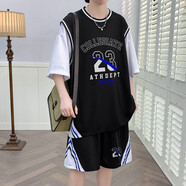 柏樂(lè )迪（BAILEDI）男孩速干短袖籃球服12-15歲初中學(xué)生16青少年大童運動(dòng)球衣一套裝 8323黑色（短袖+短褲） 175 2XL（建議體重140-160斤左右）