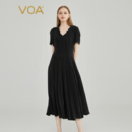 VOA重磅真絲40姆米極地黑V領(lǐng)活頁做舊砂洗工藝垂墜短袖連衣裙 AE2208 極地黑（B83） 170/XL