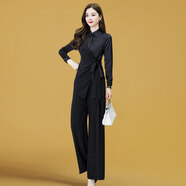 楚馨時(shí)尚兩件套套裝褲子2025春秋季新款女裝女士氣質(zhì)休閑褲高腰闊腿褲 黑色 2XL （123-133斤）