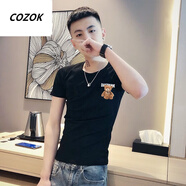 CINESSD社會(huì )精神小伙短袖韓版潮流T恤男網(wǎng)紅同款小熊加大碼修身半袖潮牌 小標英文公仔短袖黑色 S