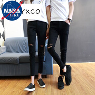 NASALIKE社會(huì )精神青年小伙夏季彈力緊身破洞九分褲男女情侶修身小腳牛仔褲 黑色 28碼(90斤95斤)