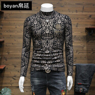 boyan帛延 歐洲站潮牌男裝秋冬新款長(cháng)袖T恤男士加絨加厚內搭小衫潮流個(gè)性印花輕奢大牌風(fēng)半高領(lǐng)打底衫 黑色 M