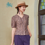 布符布符夏季新款原創(chuàng)復(fù)古花邊燈籠袖時(shí)尚氣質(zhì)浪漫短袖V領(lǐng)T恤女 紫櫻 L