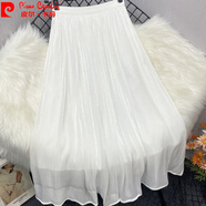 皮爾卡丹（pierre cardin）高腰珠光流光紗半身裙女2025新款針織T恤夏套裝裝裙字傘裙針 白色半身裙 均碼 80-130斤