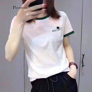 Prowow拼色夏天白色純棉正肩t恤女短袖上衣女學(xué)生韓版寬松半袖體恤新款 白色綠領(lǐng)BISCU 2XL碼建議130-145斤