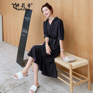 妍莉芬雪紡連衣裙女裝夏裝新款中長(cháng)款氣質(zhì)休閑襯衫裙時(shí)尚短袖夏天裙子 黑色 2XL