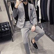 布知凡幾休閑西裝男外套西服套裝男士面試春秋季韓版潮流修身大碼結(jié)婚禮服 淺灰色-兩件套(衣服+褲子) XL
