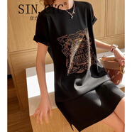 SIN.CYC女裝短袖圓領(lǐng)黑色燙鉆連衣裙女中長款顯瘦時尚夏季韓版裙子 黑色 XL 115-125斤