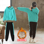 疊曼童裝女童套裝秋冬裝2021新款兒童套裝洋氣網(wǎng)紅韓版兩件小女孩時(shí)髦衛衣長(cháng)褲中大童外套 NG綠色  加絨【衣服+褲子】 160(建議身高155左右)