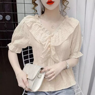 月袖2023夏季新款法式V領荷葉邊泡泡短袖襯衫女士百搭時尚氣質(zhì)上衣女 杏色 S 建議【90斤以內(nèi)】