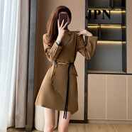 JPN香港潮牌長(cháng)袖西裝連衣裙女時(shí)尚秋新款收腰顯瘦小個(gè)子不規則A字裙 琥珀咖 M