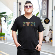 豪朗格 2021新款男裝本命年紅色t恤短袖加肥加大碼寬松肥佬時尚上衣特大號半袖肥佬肥人打底衫XXXL 黑色 2XL
