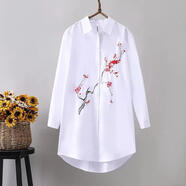 索宛亦（SUOWANYI）2022春夏季棉中長(zhǎng)款文藝刺繡繡花白襯衫女長(zhǎng)袖寬松打底襯衣 6502傲梅寒雪 M 【90-105斤】