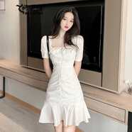 妍莉芬 2020年夏裝女赫本風小白裙約會小裙子方領法式復古小眾魚尾連衣裙 白色 M