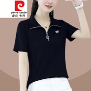 皮爾卡丹（pierre cardin）歐洲站短袖T恤女2023年夏季翻領拉鏈上衣時尚洋氣修身打底衫針織 黑色 3XL 建議145斤-160斤