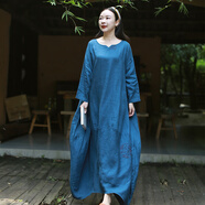 亂在江南亞麻連衣裙秋裝寬松純色女裝新品文藝范出游休閑大擺花苞長(cháng)裙 偏深藍色 均碼