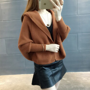 帶帽針織衫女短款連帽長袖開衫顯瘦秋季外穿毛衣外套寬松早秋冬厚蝙蝠衫 棕色 XL建議115-125斤