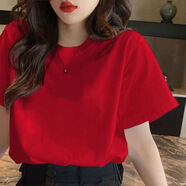 王熙麥t恤女2023新款印花短袖夏季韓版上衣寬松體恤上衣 紅色（純色） XXXL建議140-160斤