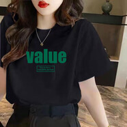 星盛榮純棉短袖t恤女薄款夏季韓版潮寬松正肩圓領(lǐng)女士體恤白色上衣百搭 黑色*Va綠字母 M[建議100-115斤左右]