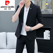 皮爾卡丹夏季小西裝男套裝薄款中袖休閑西服韓版修身短袖外套潮男痞帥春秋 9530黑色中袖套裝 (西服+褲子+白 XL 適合：120-135斤