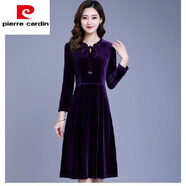 皮爾卡丹（pierre cardin）金絲絨2025年秋冬新款氣質(zhì)長袖大尺碼百褶A字打底黑色連衣裙女裙 紫色款 XL碼【建議110-120斤】