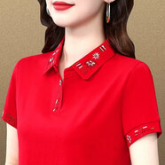 昇域中年女士短袖t恤女夏裝新款品牌時(shí)尚洋氣時(shí)尚高端polo衫薄款半袖 大紅 2XL （適合120-129斤）