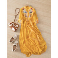 弗依郝中袖連衣裙小個(gè)子店女民族風(fēng)仿眞絲繡花大擺長(cháng)裙寬松立領(lǐng) 黃色 少量現貨 S 建議85-110斤