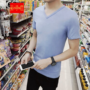 木子勝短袖t恤男裝韓版V領(lǐng)夏季上衣修身純色男士打底衫半袖潮 天藍色 M