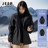 JEEP SPIRIT吉普沖鋒衣外套女冬季三合一加絨風(fēng)衣女士戶外防風(fēng)登山滑雪服裝男 黑色【女款】 L