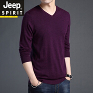 JEEP SPIRIT吉普羊毛衫男純羊毛v領(lǐng)春秋薄款男士休閑毛衣針織衫打底衫男裝 紫紅 165/M