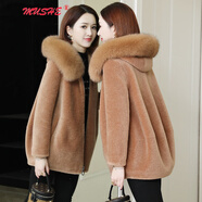 慕舍（mushe）原創(chuàng  )輕奢品牌 海寧皮草外套羊剪絨女中長(cháng)款新款狐貍毛領(lǐng)羊毛大衣 沙漠紅 L 建議125-140斤