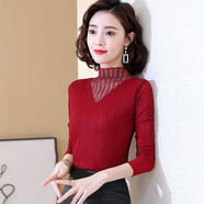 蔚曼（Veevmand）半高領(lǐng)打底衫女內(nèi)搭小衫2024春裝新款百搭洋氣網(wǎng)紗女士黑色上衣女 8996【紅色不加絨】袖子無鏤空 L(100至110斤)