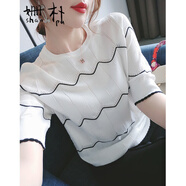 姍樸 條紋針織衫女T恤夏季新款時尚休閑女裝氣質(zhì)短袖圓領修身顯瘦上衣 白色 L