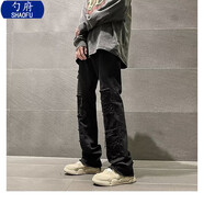 勺府hiphop炸街褲子高街美式vibe高級感毛邊假破洞貼布牛仔褲寬松直筒 黑色 L
