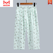 貓人（MiiOW）中老年純棉七分褲睡褲女老太太高腰全棉家居褲大碼薄款七分褲女夏 綠花 4XL