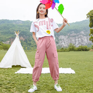 粉筆末端女童夏裝短袖套裝大童女裝夏季女孩韓版時尚兩件套夏天休閑衣服潮 粉紅色 160