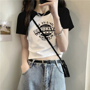 妃麗慕尚（FEILIMUSHANG）2025年夏季新款純棉正肩拼色短袖t恤女小個子修身短款上衣辣妹ins 803-128白色 M