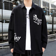 唐號（tanghao） 現貨 襯衫男長(cháng)袖夏季薄款外套寬松港風(fēng)設計感印花上衣服男襯衣 黑色 XL