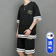 歌古森（GEGUSEN）冰絲速干短袖t恤男孩12-15歲青少年學(xué)生13帥氣運(yùn)動(dòng)套裝14大童夏裝 3092黑色（短袖+短褲） M (80-100斤左右)